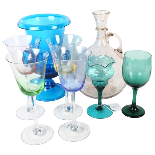 542 - A harlequin set of 4 goblets, 22cm, a 2-handled blue glass vase etc