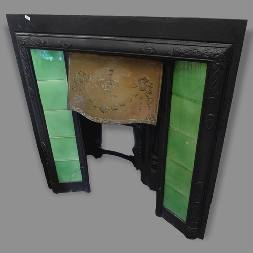 2697 - An Antique cast-iron fire surround, with tiled panels and brass hood, 91cm x 97cm, and another fire ... 