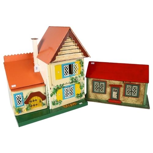 588 - A pair of Vintage wooden doll's houses, countryside cottages, largest H48cm, L42cm, D32cm