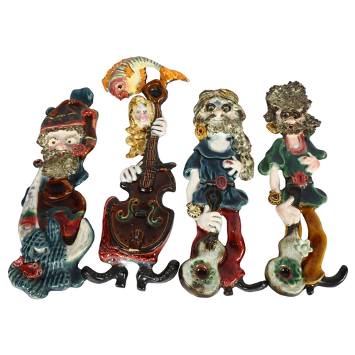 619 - A set of 4 Licinio painted ceramic wall sculptures, 37cm approx, and a fish plaque