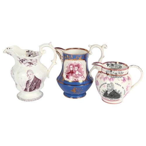 621 - 2 Victorian lustre jugs, depicting Queen Victoria, and King William IV, and a Sunderland lustre jug,... 