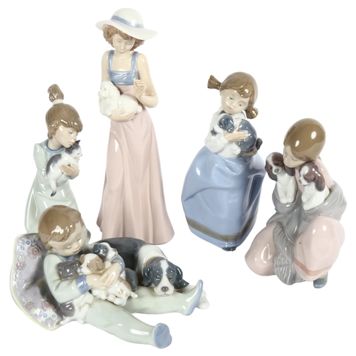 633 - 3 Lladro figures, including a girl with 2 puppies, height 15cm, and 2 NAO figures