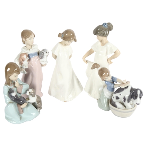 634 - 3 Lladro children with animals group, including a girl with 2 puppies, height 19cm, and 2 NAO girls