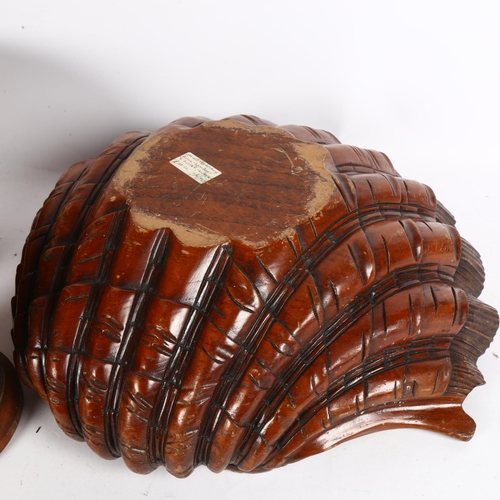 643 - A large carved mahogany clam shell bowl, a turned oak bowl, and turned wood twine dispenser (3)