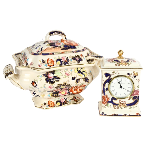 644 - Mason's ironstone clock in Blue Mandalay pattern, 19cm, and matching soup tureen and cover with ladl... 