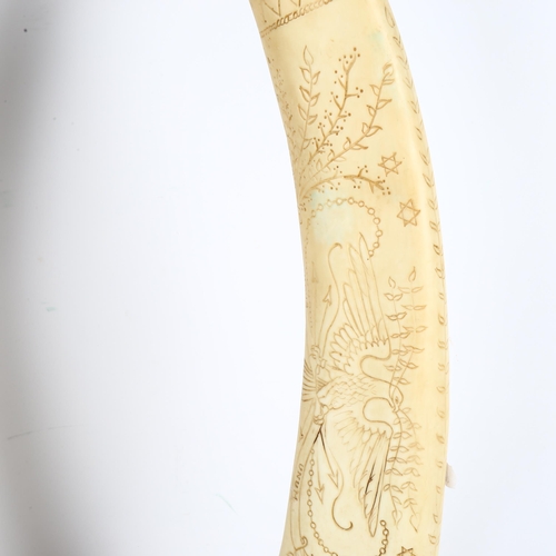 645 - A pair of composition Scrimshaw style ornamental horns on plinths, height 76cm