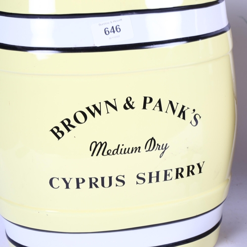 646 - A Brown & Pank's advertising Sherry barrel with tap, 30cm, and a stoneware barrel