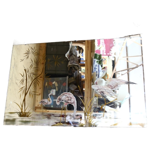 653 - A mid-century large frameless mirror with design of flamingos at the water's edge, 90cm x 140cm