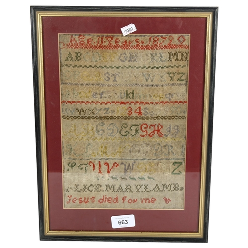 663 - A Victorian sampler by Alice Mary Lamb, dated 1879, framed, height 37cm overall