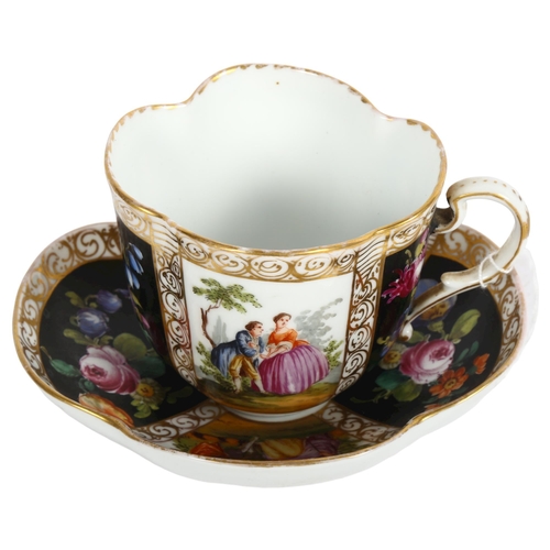 668 - A 19th century Dresden cabinet cup and saucer, with painted panels