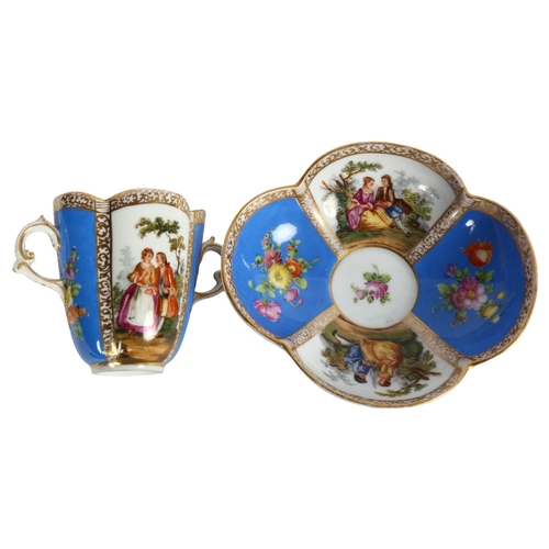 669 - 19th century Dresden chocolate cup and saucer, with painted panels