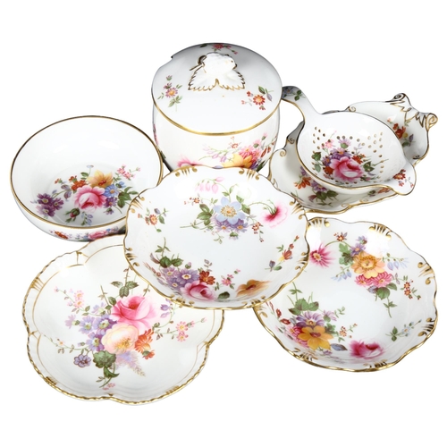 687 - Derby Posies tea strainer, preserve pot, and dishes etc