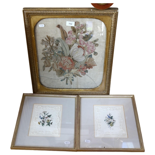 702 - 19th century gilt-framed applique and crewelwork floral study, height 49cm overall (glass cracked), ... 