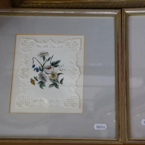 702 - 19th century gilt-framed applique and crewelwork floral study, height 49cm overall (glass cracked), ... 