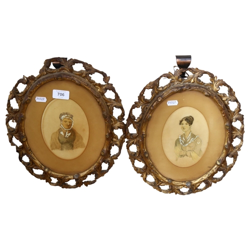 706 - A pair of Georgian oval painted portraits, in ornate pierced gilt frames (A/F), height 34cm