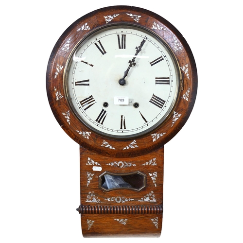 709 - A Regency oak-cased drop-dial wall clock with inlaid mother-of-pearl (A/F), height 67cm