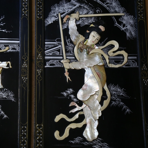 715 - A pair of Vintage Japanese lacquered panels, with applied mother-of-pearl decoration, 94cm