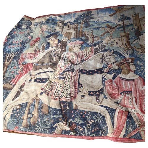 718 - A Brussels machined tapestry with hessian backing, depicting hunters on horseback with falcons, 209c... 