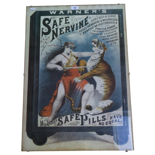 720 - Vintage poster advertising Warner's Safe Nervine, glazed and mounted on wooden block, height 74cm