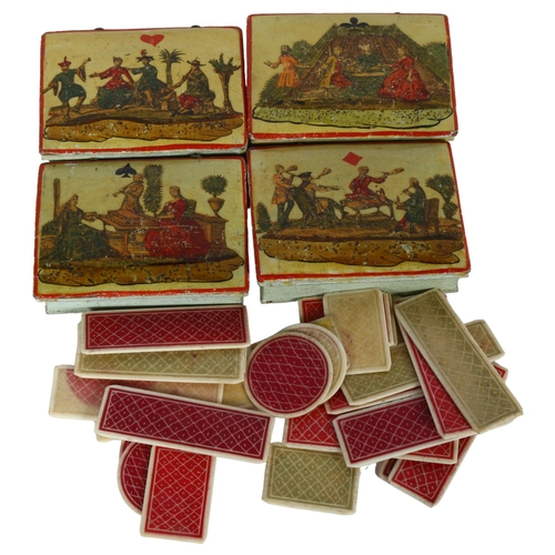 724 - 4 x 18th century lacquer gaming boxes, polychrome transfer decorated lids in Vernis Martin style, le... 