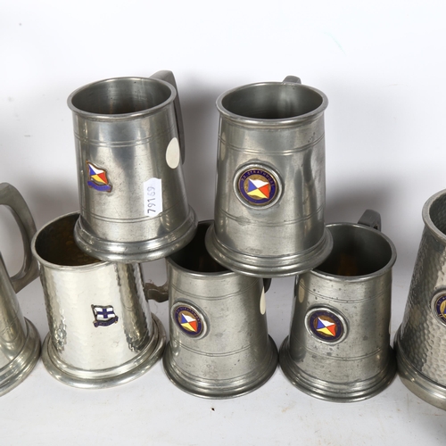 754 - A quantity of pewter tankards, with enamel maritime related badges, largest height 13cm (11)