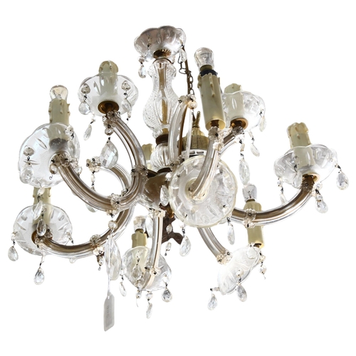 366 - A 6-branch 2-tier brass and glass lustre chandelier, drop 50cm