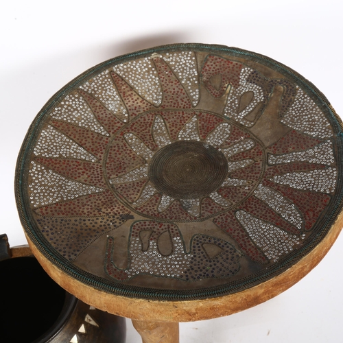 394 - An Ashanti stool with inset beadwork decorated seat, height 29cm, and an African terracotta cooking ... 