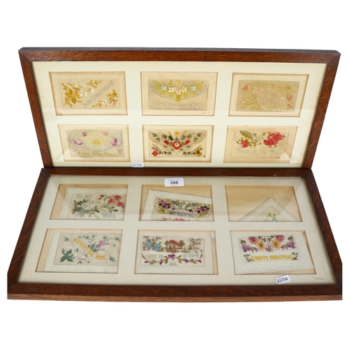 398 - 2 oak-framed sets of early 20th century embroidered postcards, including military, frame size 27cm x... 