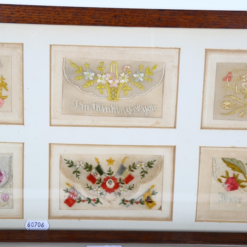 398 - 2 oak-framed sets of early 20th century embroidered postcards, including military, frame size 27cm x... 