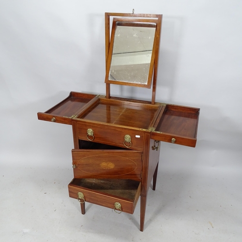 2300 - A George III mahogany and satinwood strung gentleman's wash stand, with fold out top and rising mirr... 