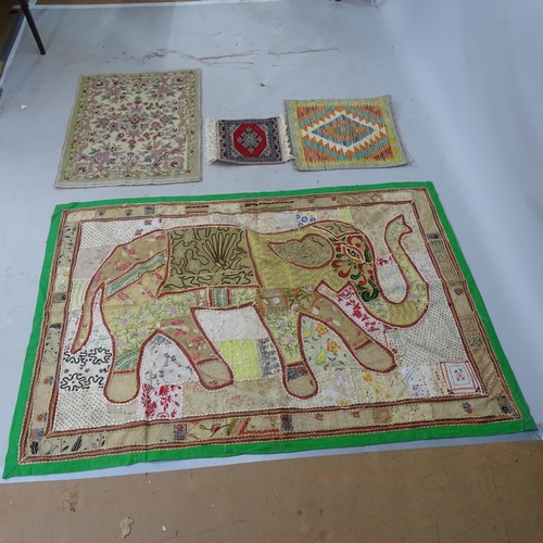 2339 - A Kashmiri hand stitched mat, 85 x 61cm, a patchwork wall hanging depicting an elephant, 153cm x 106... 