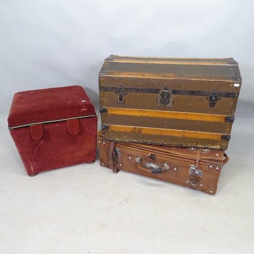 2644 - A vintage leather suitcase, 82cm x 26cm x 45cm, a Victorian upholstered ottoman with lifting top, 55... 