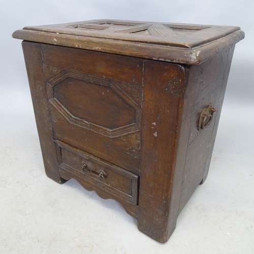 2648 - A vintage stained oak chest with lifting lid and fitted drawer. 56cm x 54cm x 39cm