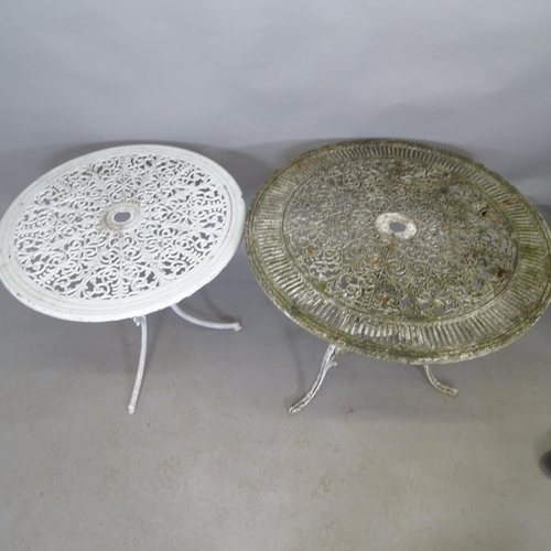 2652 - A painted cast metal circular garden table, 80cm x 69cm, another, 69cm x 65cm, two matching chairs a... 