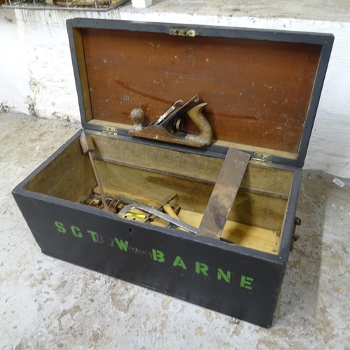 2664 - A vintage painted pine tool chest 68cm x 30cm x 32cm, and various hand tools including plane, drills... 