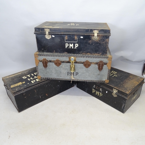 2671 - Four painted metal trunks. Largest 90cm x 42cm x 50cm