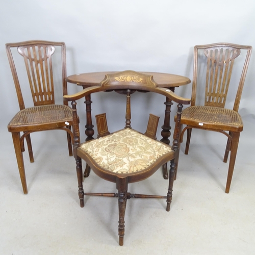 2673 - A pair of early 20th century mahogany cane seated dining chairs with bentwood stretchers, a corner a... 