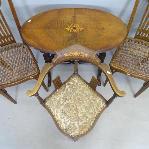 2673 - A pair of early 20th century mahogany cane seated dining chairs with bentwood stretchers, a corner a... 