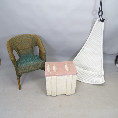 2681 - A painted wooden grenade box, A Lloyd Loom style chair and a wicker hanging chair (3)