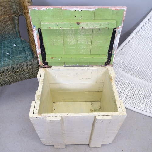 2681 - A painted wooden grenade box, A Lloyd Loom style chair and a wicker hanging chair (3)