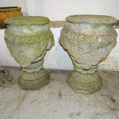 2686 - A pair of weathered concrete two section garden planters on stands. 39cm x 62cm
