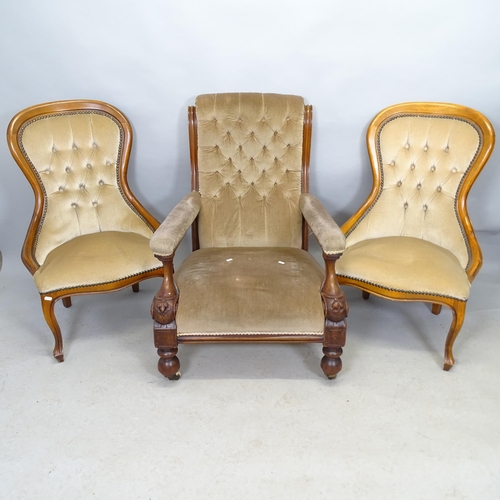 2689 - A Victorian mahogany and button-back upholstered open armchair, and a pair of nursing chairs (3)