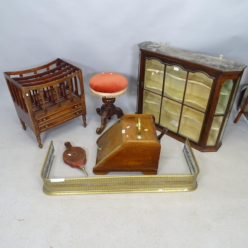 2693 - An Antique mahogany hanging display cabinet of canted form, 89cm x 73cm x 22cm, a stool, a brass fen... 