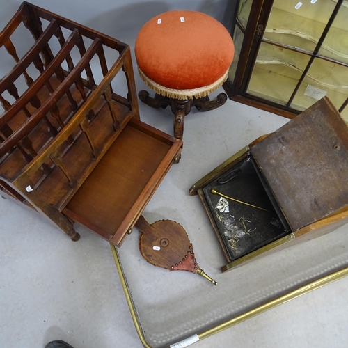 2693 - An Antique mahogany hanging display cabinet of canted form, 89cm x 73cm x 22cm, a stool, a brass fen... 