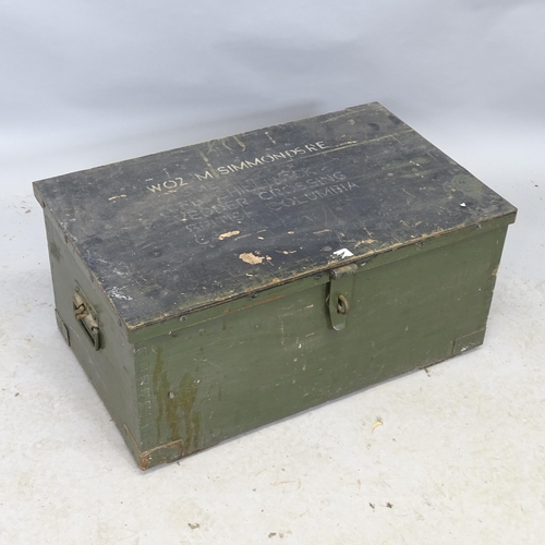 2707 - A mid-20th century stained pine military chest, named to M. Simmonds, Royal Engineers. 68cm x 30cm x... 