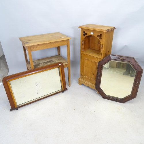 2542 - A vintage pine pot cuboard. 42cm x 95cm x 25cm, two mirrors and a pine two tier table hall table, 59... 