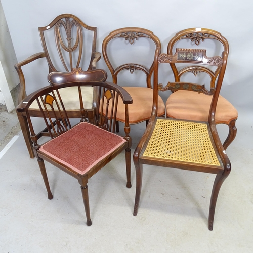 2680 - Five assorted chairs including a pair of antique balloon back dining chairs, a shield back elbow cha... 