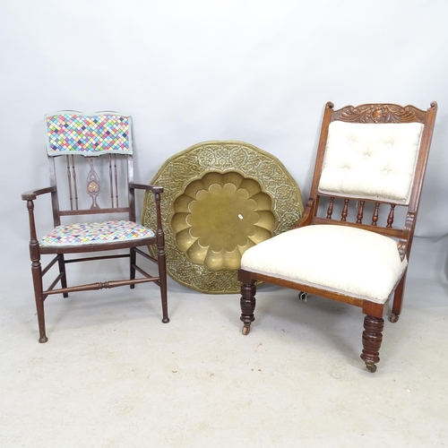 2698 - An Edwardian inlaid and upholstered parlour armchair, an Antique mahogany and upholstered lounge cha... 