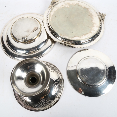 917 - A silver dog-eared salt spoon, plated trays and comport