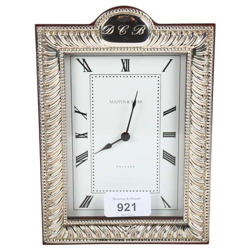 921 - A Mappin & Webb silver and mahogany desk clock, boxed